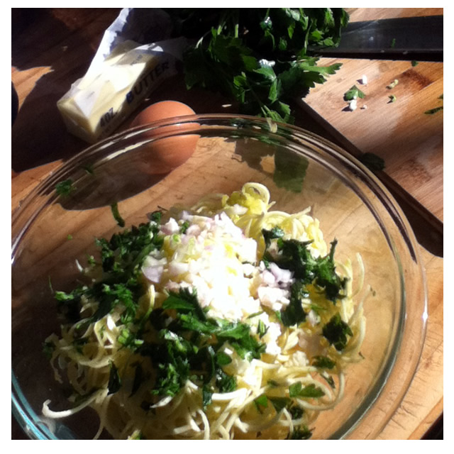 Yellow squash & feta pancakes with parsley, shallots & garlic. PW1
